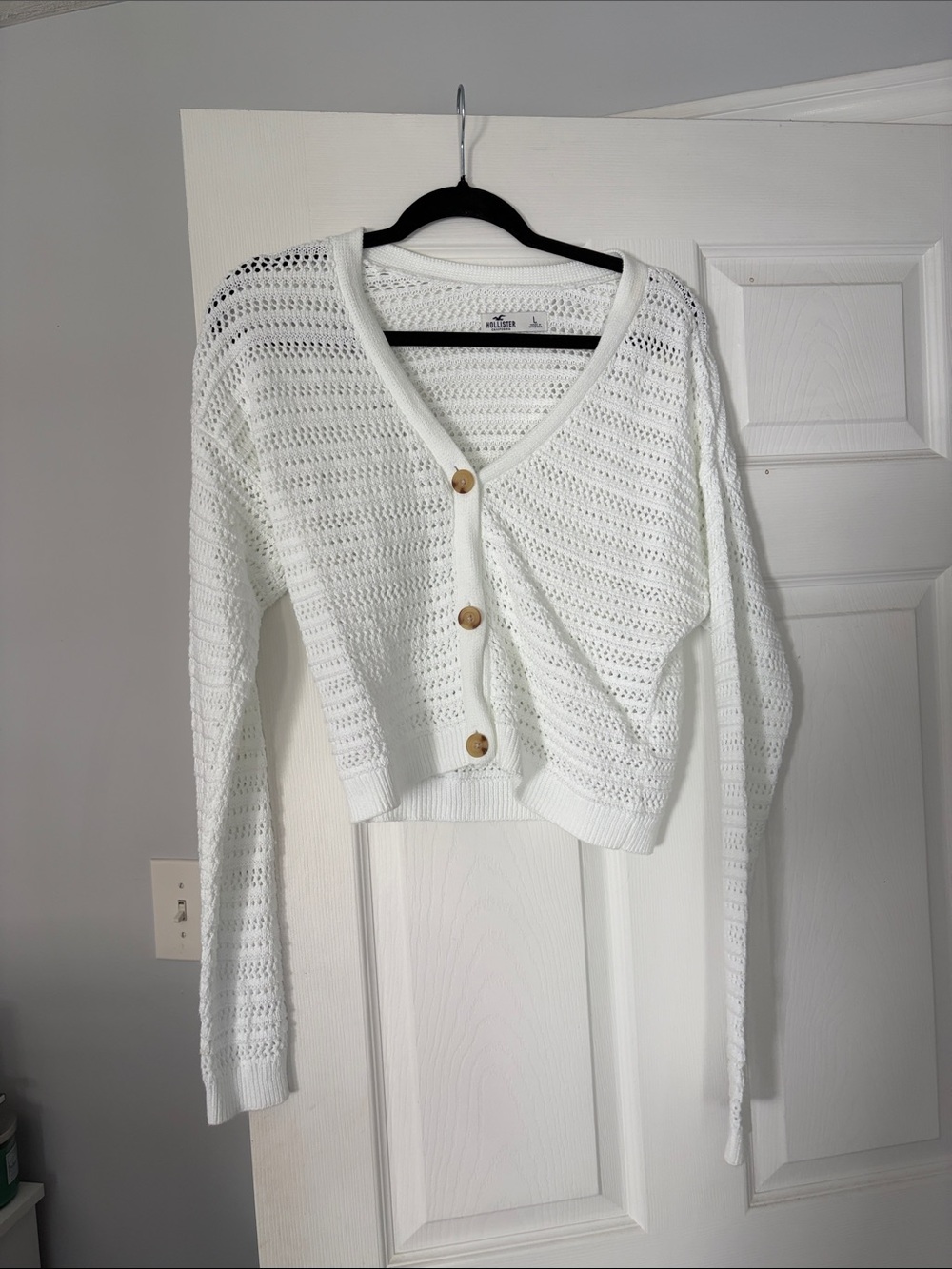 Hollister White Cropped Open-Knit Button Cardigan